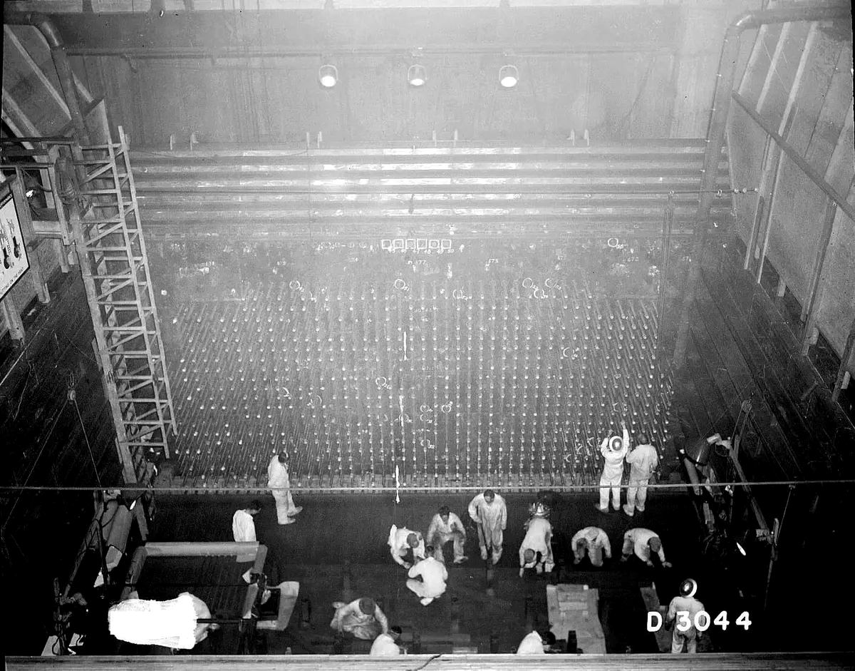 Workers at the face of the Hanford B Reactor